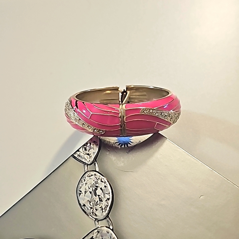 Vintage Gold Tone Sequin Enamel & Rhinestone Cuff Clamper Bracelet. - Picture 6 of 8